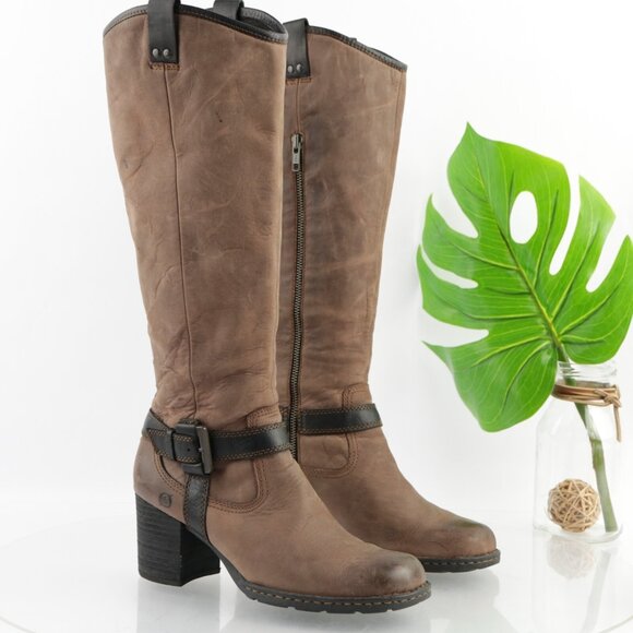 Born Womens Riding Boots Size 8.5 Tall Brown Leather Block Heel Harness Lug Sole - Picture 14 of 15